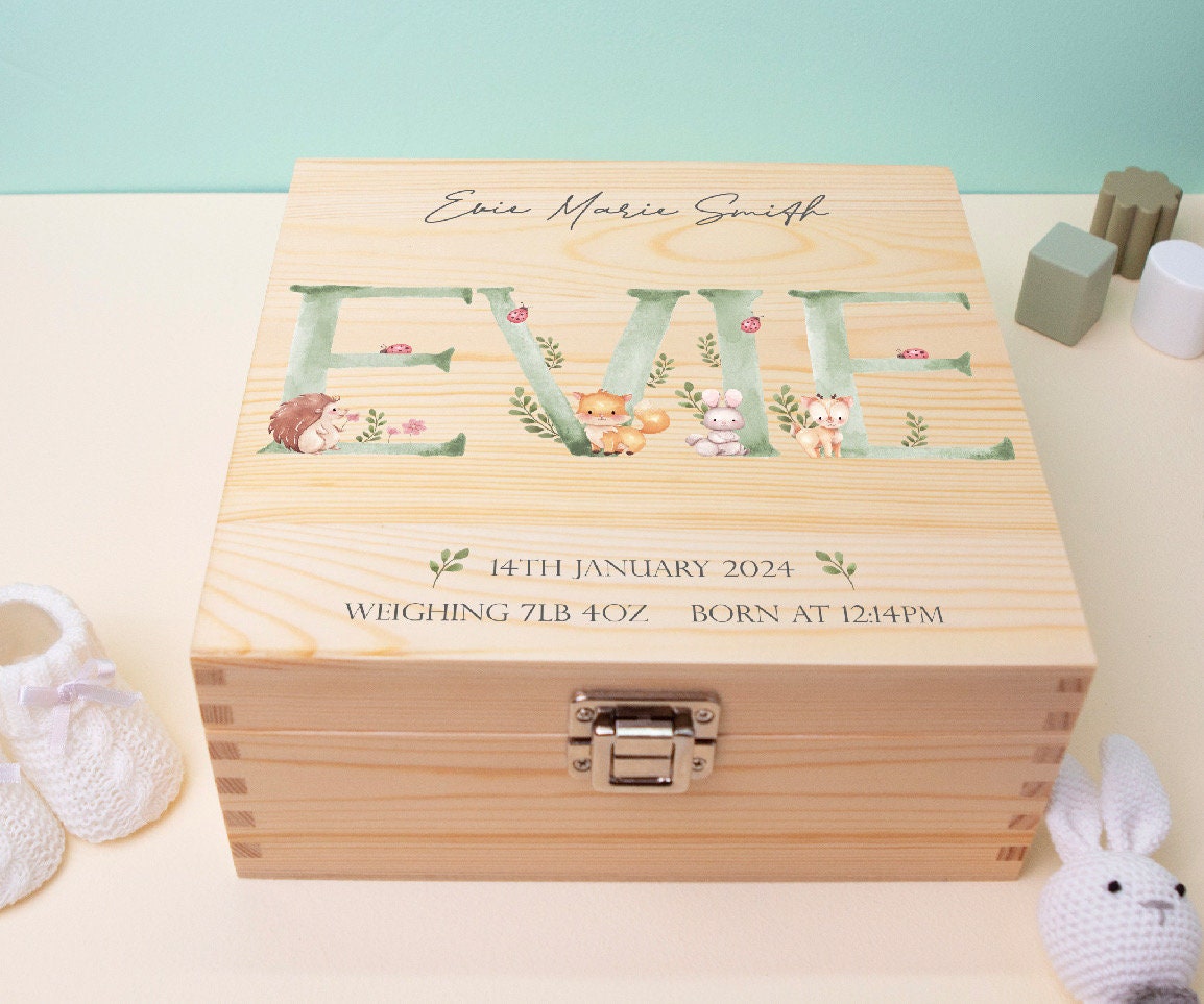 Luxury Baby Keepsake Box Green - Personalised Green Initial Woodland Animals White Wooden Keepsake Box - newborn keepsake box Bluebellinda 1