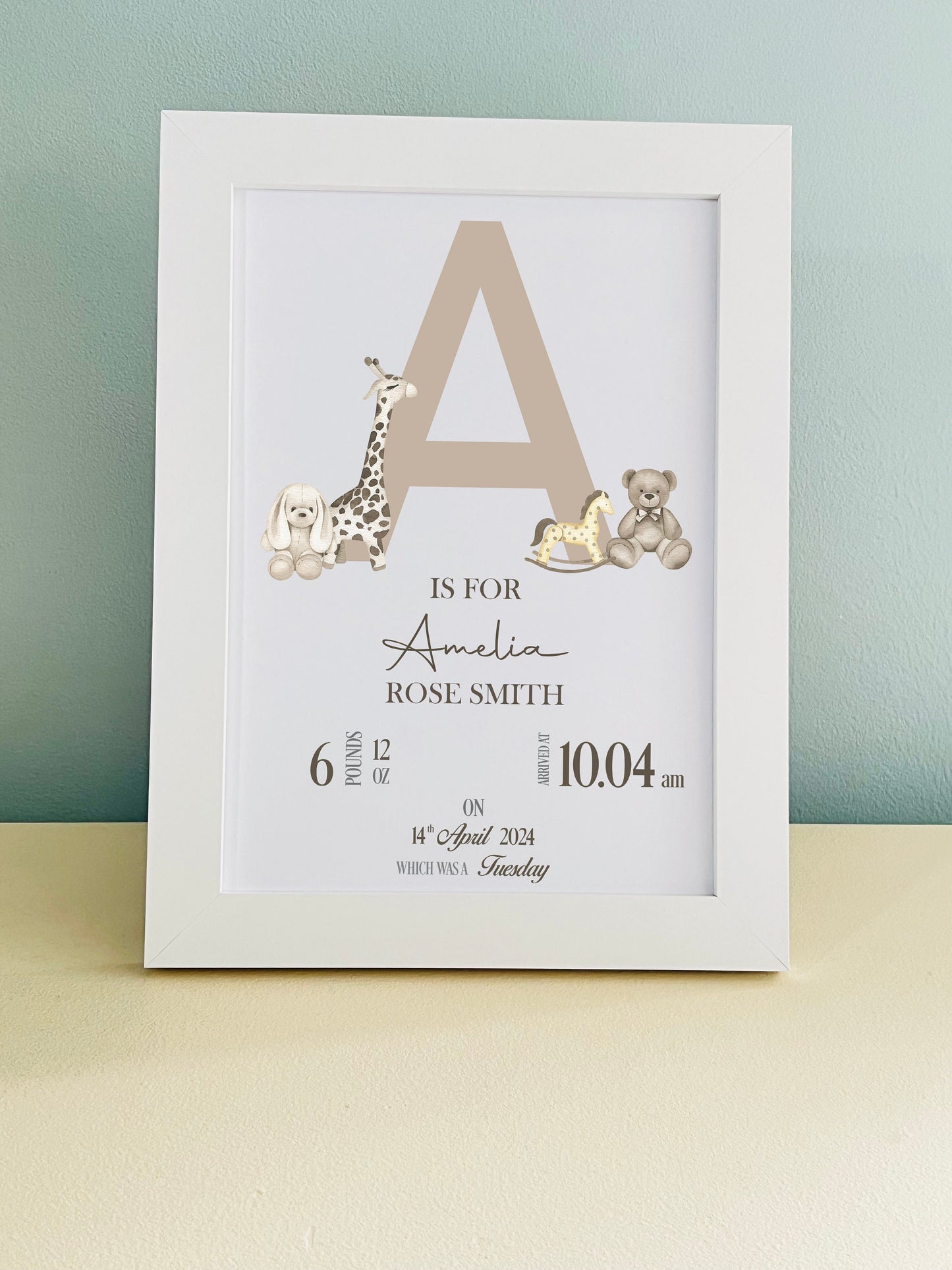 Brown Initial Bear Animals Picture  Print Personalised