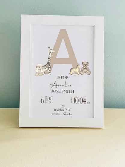 Brown Initial Bear Animals Picture  Print Personalised