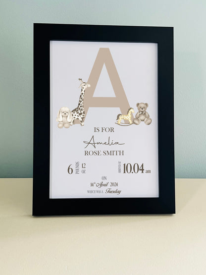 Brown Initial Bear Animals Picture  Print Personalised