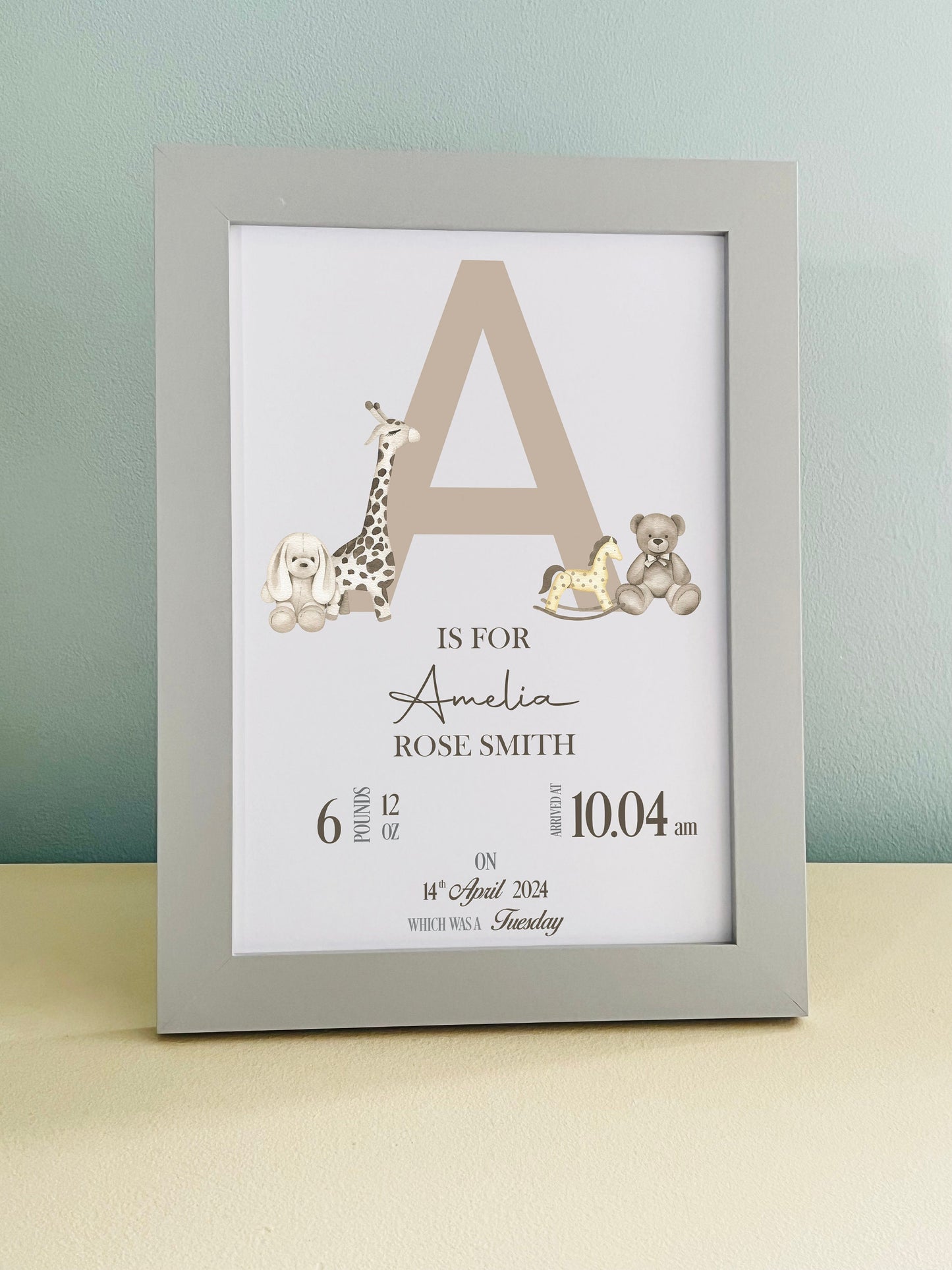 Brown Initial Bear Animals Picture  Print Personalised