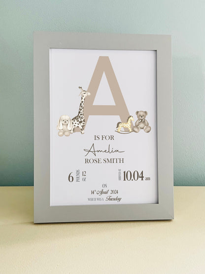 Brown Initial Bear Animals Picture  Print Personalised