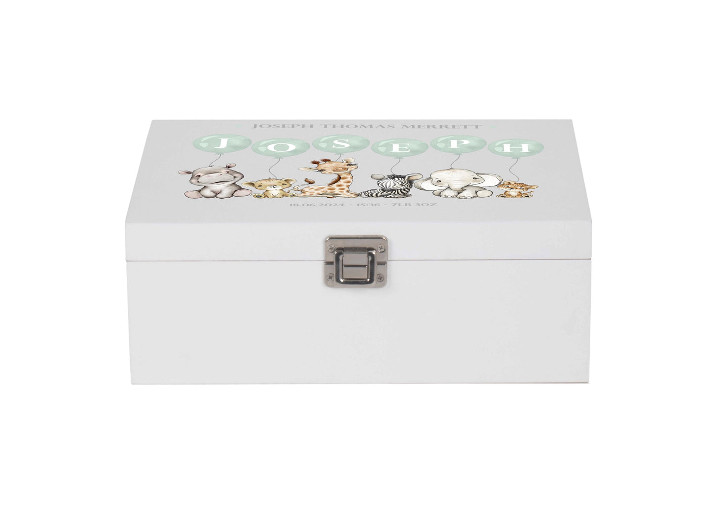 Baby Keepsake Box Blue Green Pink - Personalised Safari White Wooden Keepsake Box - keepsake box - newborn keepsake box bluebellindagifts