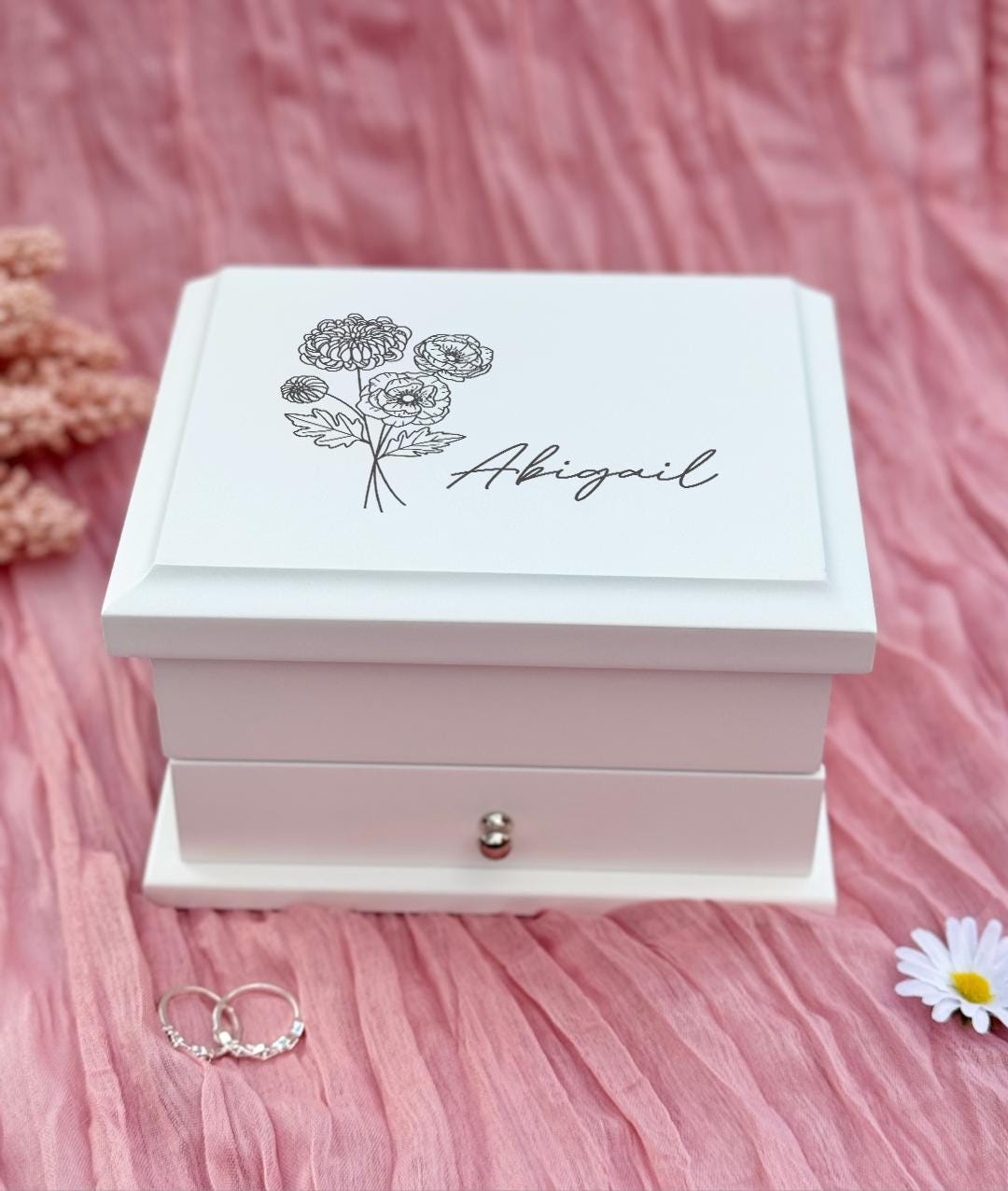 Luxury Personalised Floral jewelry - Pink Flower Jewellery Box White, baptism gift, christening gift, girls jewelry box, Bluebellinda