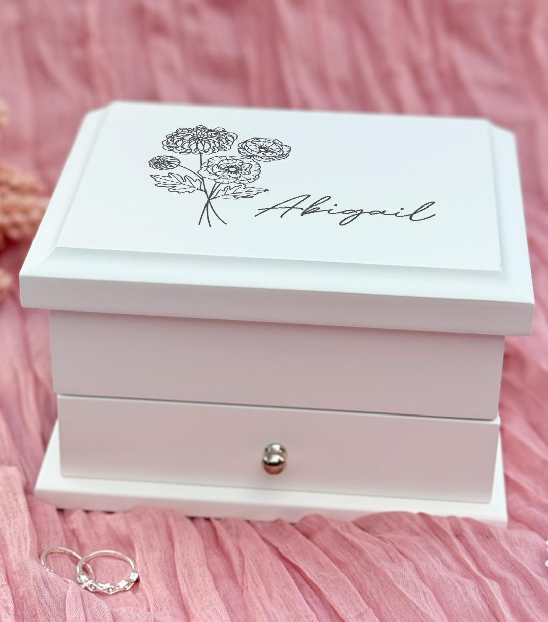 Luxury Personalised Floral jewelry - Pink Flower Jewellery Box White, baptism gift, christening gift, girls jewelry box, Bluebellinda