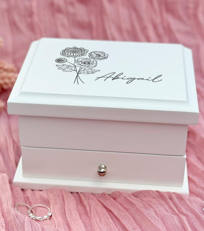 Luxury Personalised Floral jewelry - Pink Flower Jewellery Box White, baptism gift, christening gift, girls jewelry box, Bluebellinda