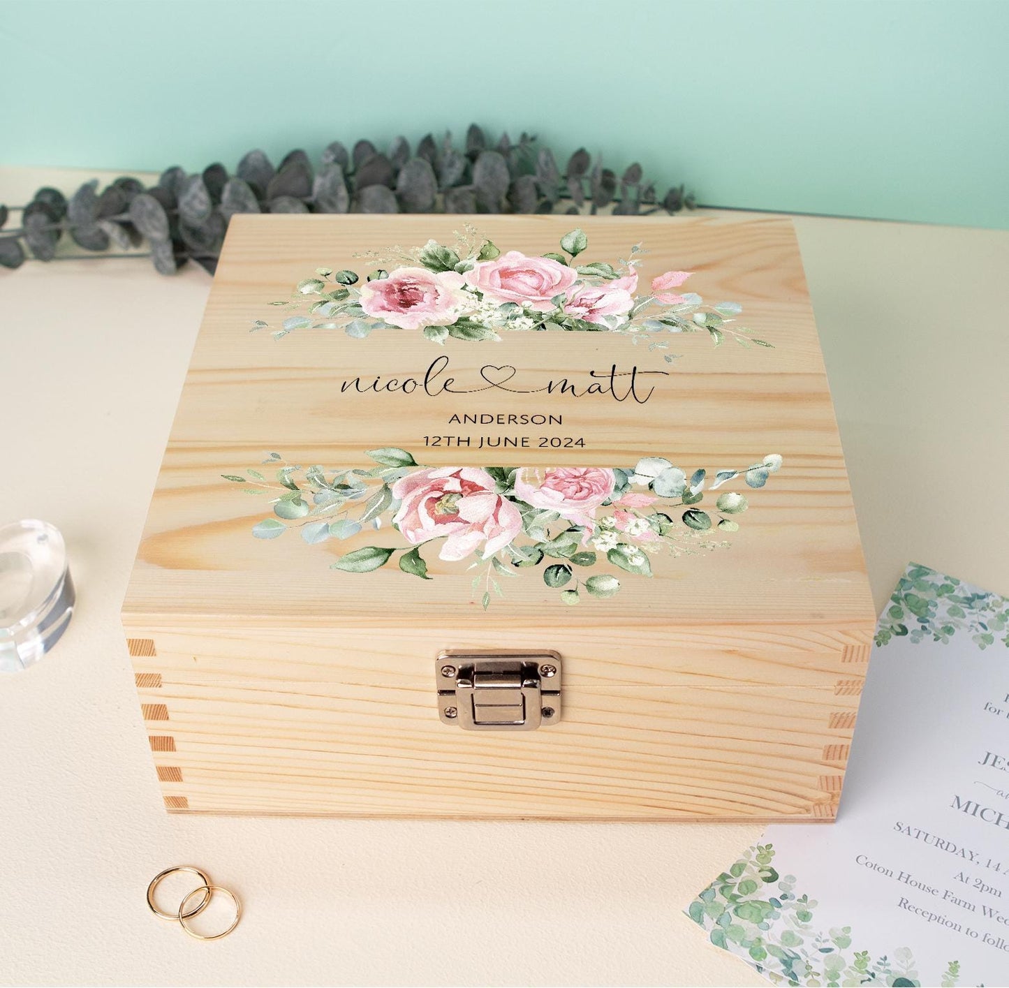 Luxury Wooden Wedding Keepsake Box Green - Personalised Pink Floral Heart Wedding Gift - Mr and Mrs  Couple Anniversary Gift, Bluebellinda