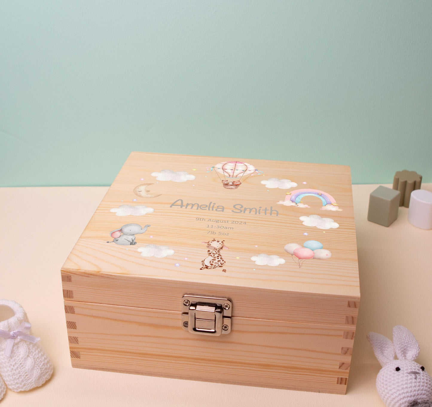 Luxury Baby Keepsake Box Pink Rainbow - Personalised Pink Animals White Clouds Girl Wooden Keepsake Box - newborn keepsake box Bluebellinda