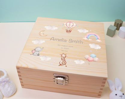 Luxury Baby Keepsake Box Pink Rainbow - Personalised Pink Animals White Clouds Girl Wooden Keepsake Box - newborn keepsake box Bluebellinda