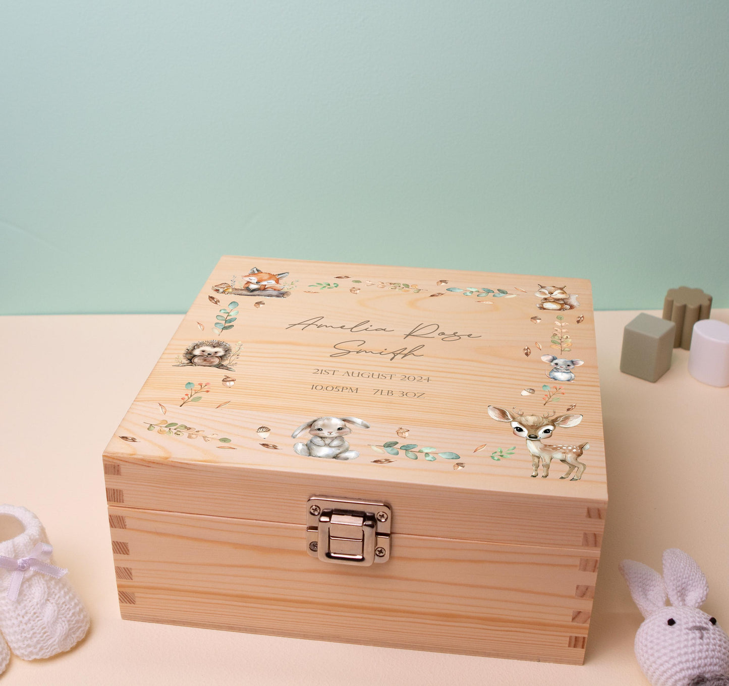 Luxury Baby Keepsake Box Brown - Personalised Neutral Initial Woodland Animals White Wooden Keepsake Box - newborn keepsake box Bluebellinda