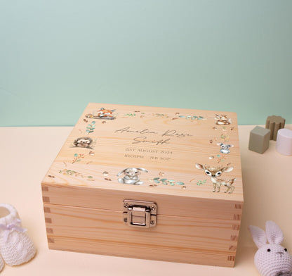 Luxury Baby Keepsake Box Brown - Personalised Neutral Initial Woodland Animals White Wooden Keepsake Box - newborn keepsake box Bluebellinda