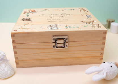 Luxury Baby Keepsake Box Brown - Personalised Neutral Initial Woodland Animals White Wooden Keepsake Box - newborn keepsake box Bluebellinda