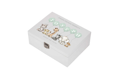 Baby Keepsake Box Blue Green Pink - Personalised Safari White Wooden Keepsake Box - keepsake box - newborn keepsake box bluebellindagifts