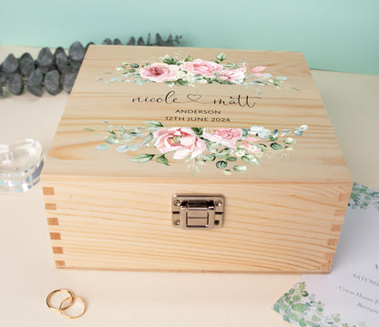 Luxury Wooden Wedding Keepsake Box Green - Personalised Pink Floral Heart Wedding Gift - Mr and Mrs  Couple Anniversary Gift, Bluebellinda