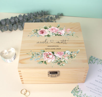 Luxury Wooden Wedding Keepsake Box Green - Personalised Pink Floral Heart Wedding Gift - Mr and Mrs  Couple Anniversary Gift, Bluebellinda