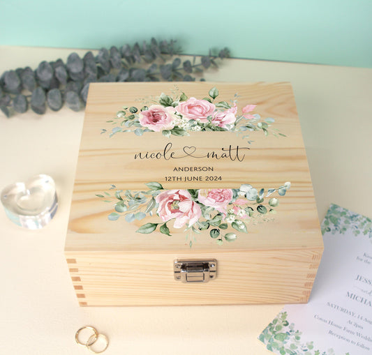 Luxury Wooden Wedding Keepsake Box Green - Personalised Pink Floral Heart Wedding Gift - Mr and Mrs  Couple Anniversary Gift, Bluebellinda