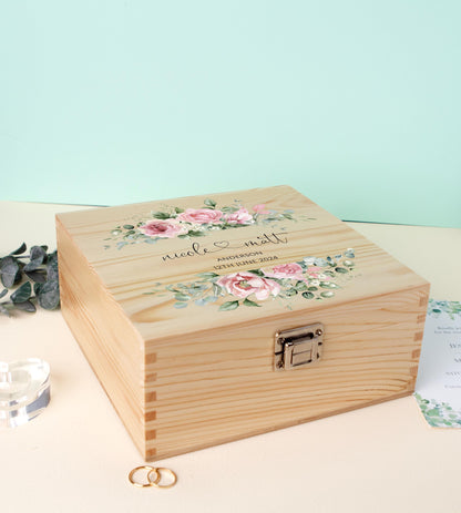 Luxury Wooden Wedding Keepsake Box Green - Personalised Pink Floral Heart Wedding Gift - Mr and Mrs  Couple Anniversary Gift, Bluebellinda