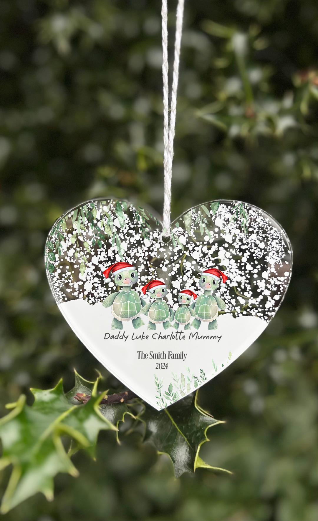 27 Personalised Turtle hanging heart plaque sign First Christmas as Family of Four Acrylic Christmas Tree Decoration  FREE GIFT BAG
