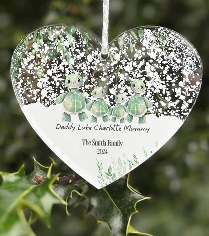 Personalised Turtle hanging heart plaque sign First Christmas as Family of Four Acrylic Christmas Tree Decoration  FREE GIFT BAG