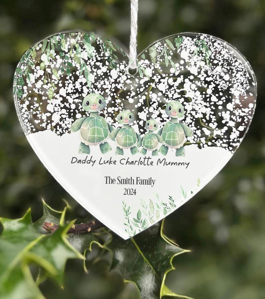Personalised Turtle hanging heart plaque sign First Christmas as Family of Four Acrylic Christmas Tree Decoration  FREE GIFT BAG