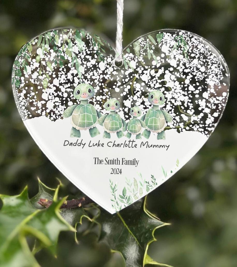 26 Personalised Turtle hanging heart plaque sign First Christmas as Family of Four Acrylic Christmas Tree Decoration  FREE GIFT BAG
