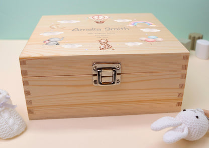Luxury Baby Keepsake Box Pink Rainbow - Personalised Pink Animals White Clouds Girl Wooden Keepsake Box - newborn keepsake box Bluebellinda
