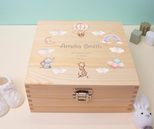 Luxury Baby Keepsake Box Pink Rainbow - Personalised Pink Animals White Clouds Girl Wooden Keepsake Box - newborn keepsake box Bluebellinda