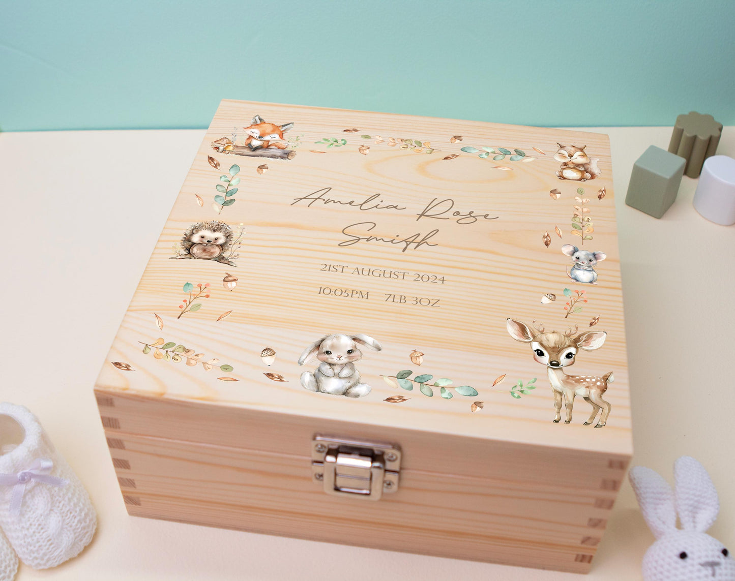 Luxury Baby Keepsake Box Brown - Personalised Neutral Initial Woodland Animals White Wooden Keepsake Box - newborn keepsake box Bluebellinda