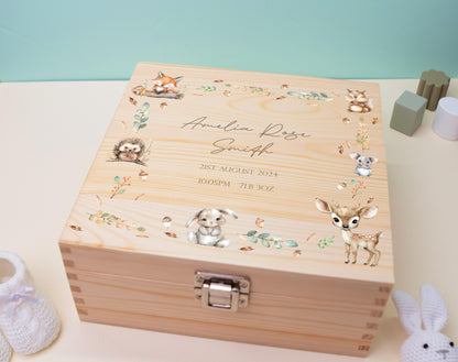 Luxury Baby Keepsake Box Brown - Personalised Neutral Initial Woodland Animals White Wooden Keepsake Box - newborn keepsake box Bluebellinda