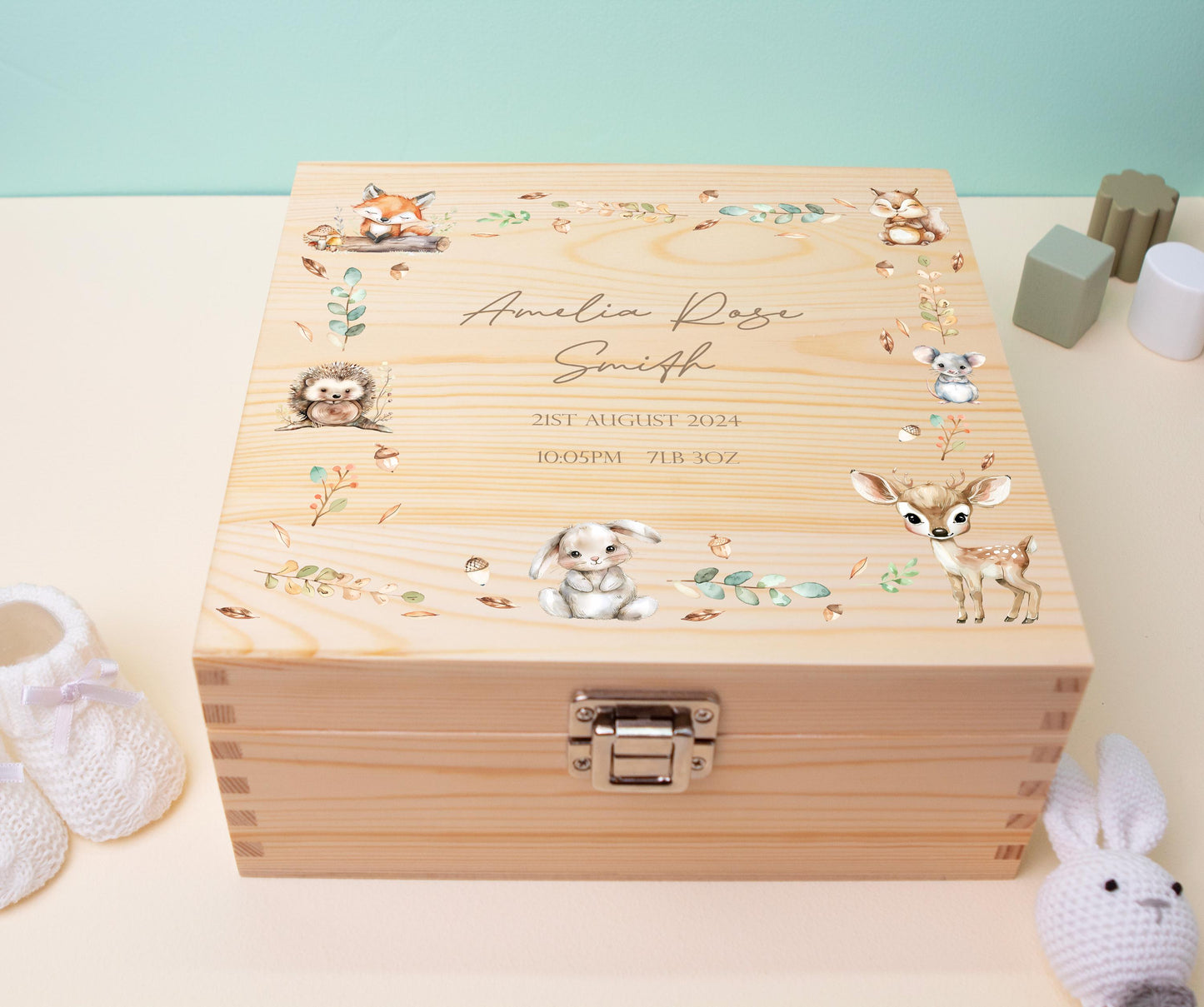 Luxury Baby Keepsake Box Brown - Personalised Neutral Initial Woodland Animals White Wooden Keepsake Box - newborn keepsake box Bluebellinda