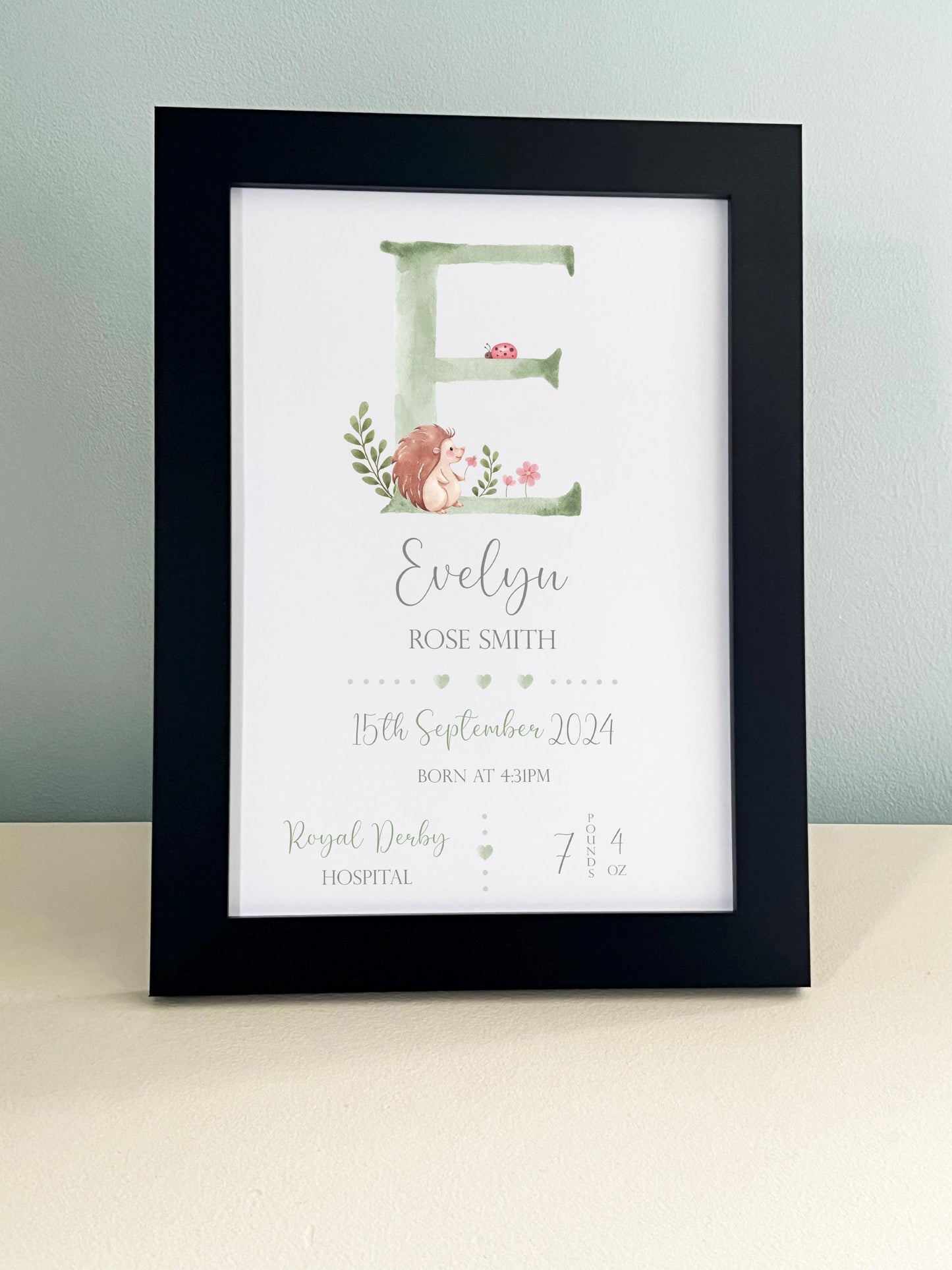 Personalized Woodland Animals Baby Print - Newborn Gift, White Frame