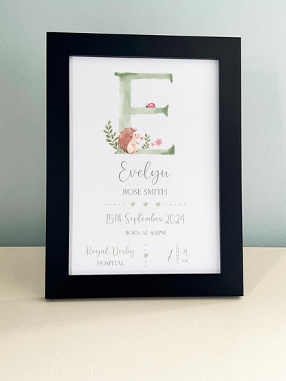 Personalized Woodland Animals Baby Print - Newborn Gift, White Frame