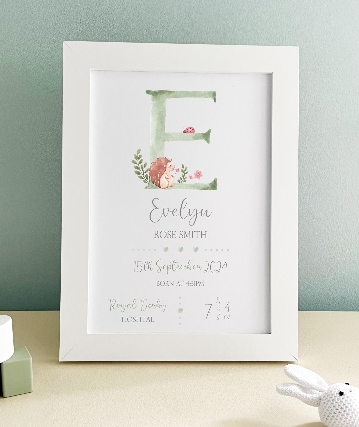 Personalized Woodland Animals Baby Print - Newborn Gift, White Frame