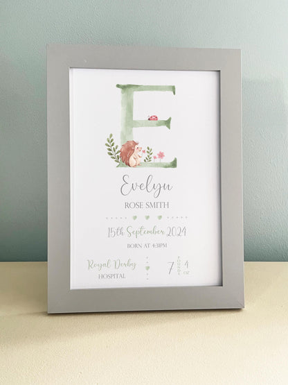 Personalized Woodland Animals Baby Print - Newborn Gift, White Frame