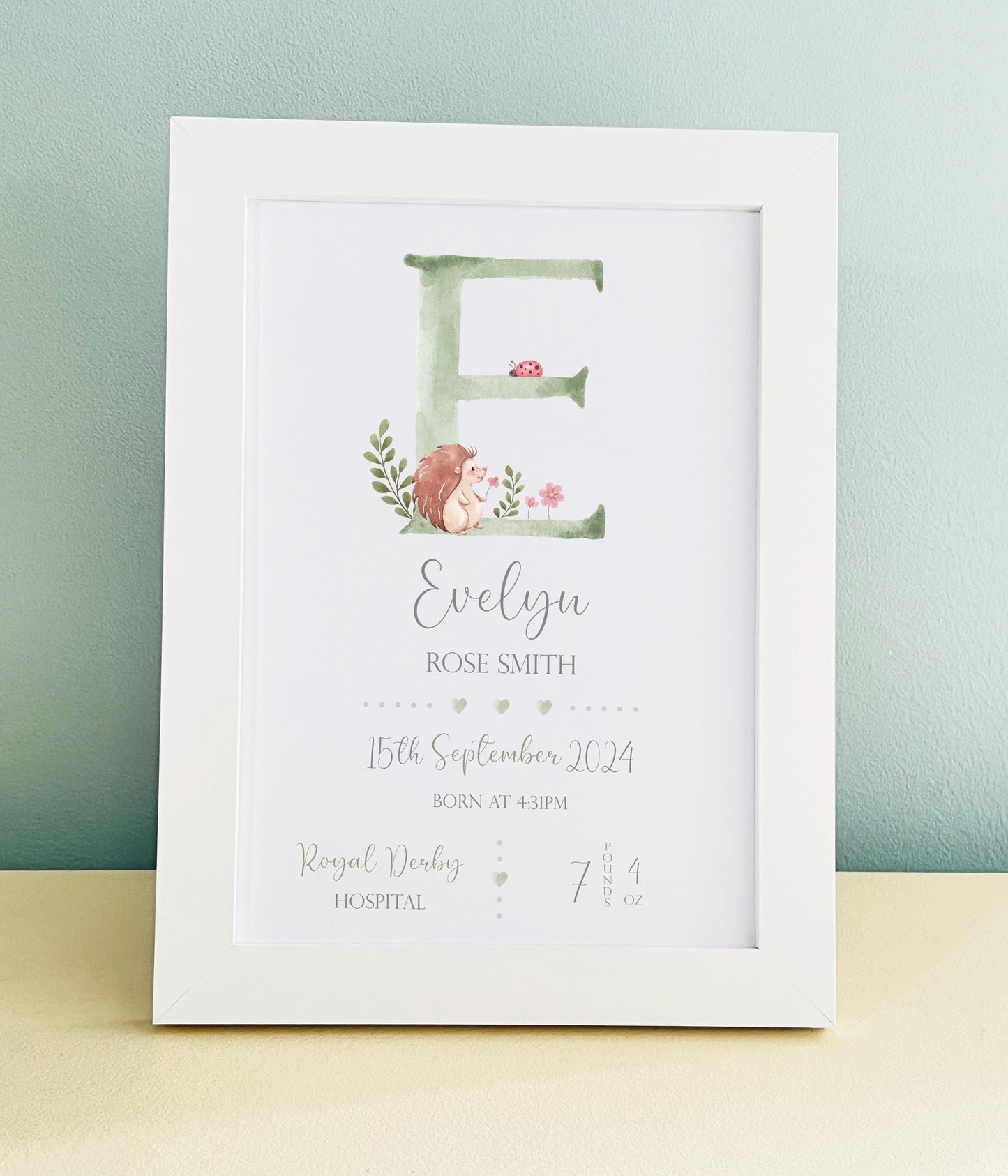 Personalized Woodland Animals Baby Print - Newborn Gift, White Frame