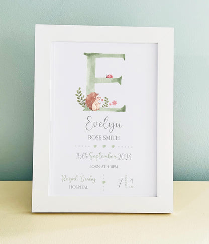 Personalized Woodland Animals Baby Print - Newborn Gift, White Frame