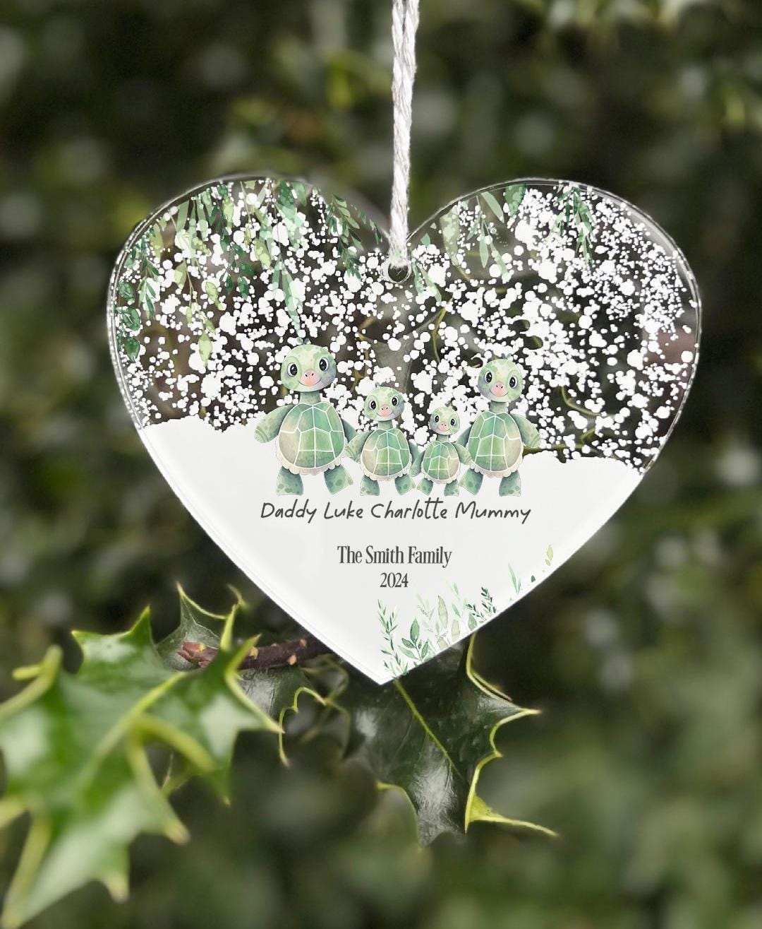 Personalised Turtle hanging heart plaque sign First Christmas as Family of Four Acrylic Christmas Tree Decoration  FREE GIFT BAG