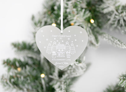 Personalised hanging heart plaque Snowman First Christmas In Our New Home White Acrylic Christmas Tree Decoration FREE GIFT BAG Bluebellinda