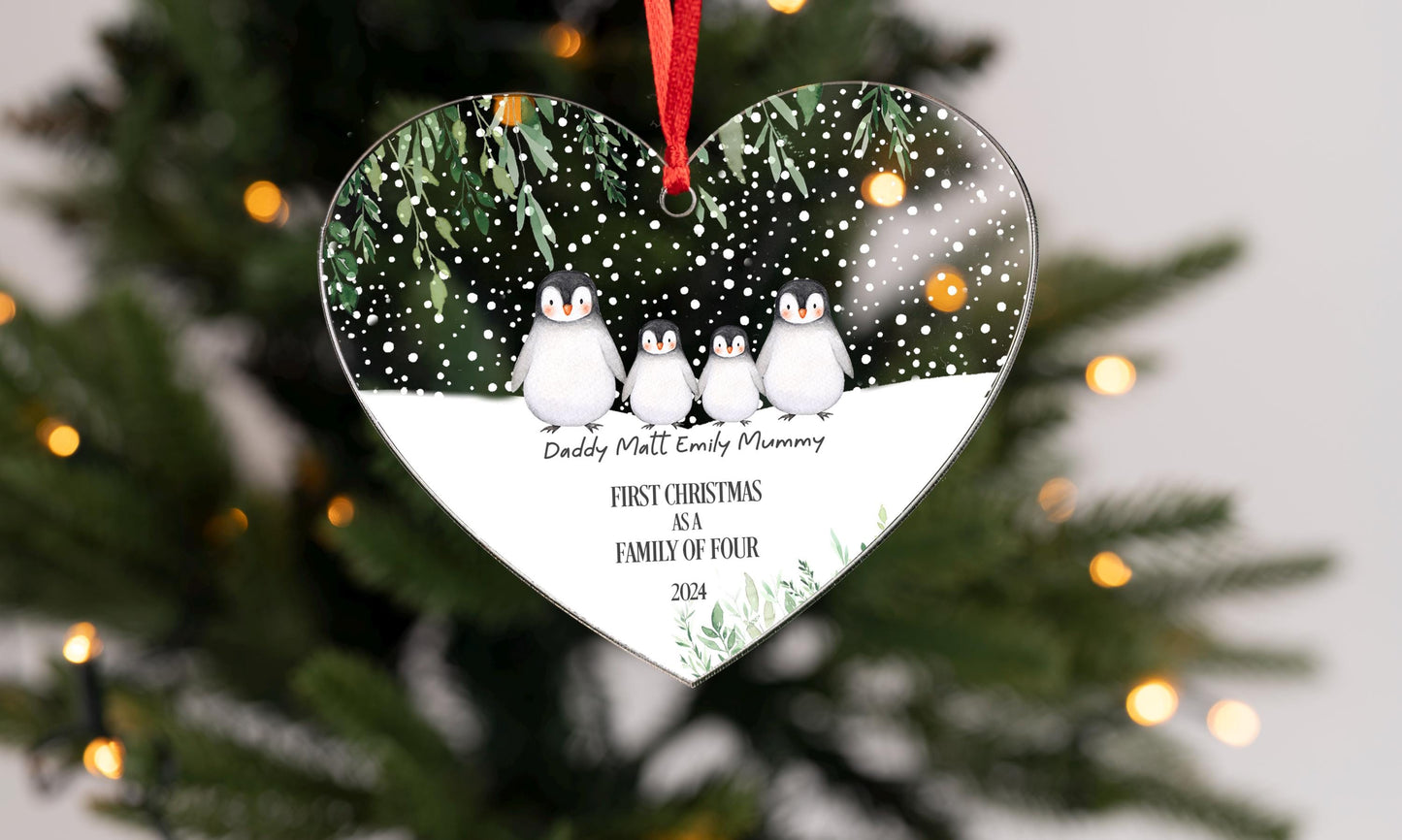 First Christmas as a Family of 2,3,4,5,6, Bauble | cute penguin Family Christmas Ornament Personalised Names Decoration - heart bauble.