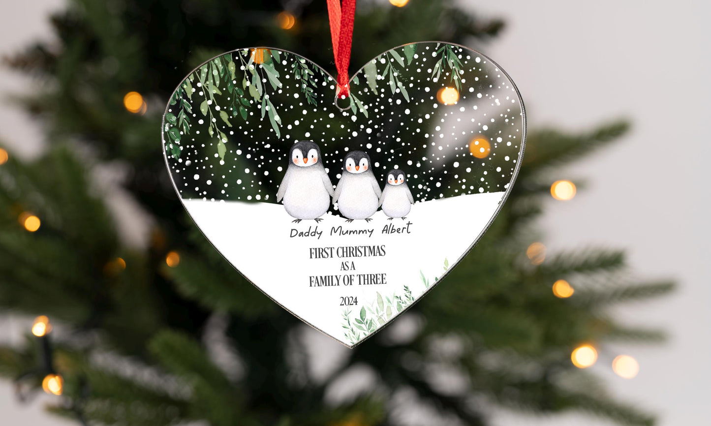 First Christmas as a Family of 2,3,4,5,6, Bauble | cute penguin Family Christmas Ornament Personalised Names Decoration - heart bauble.