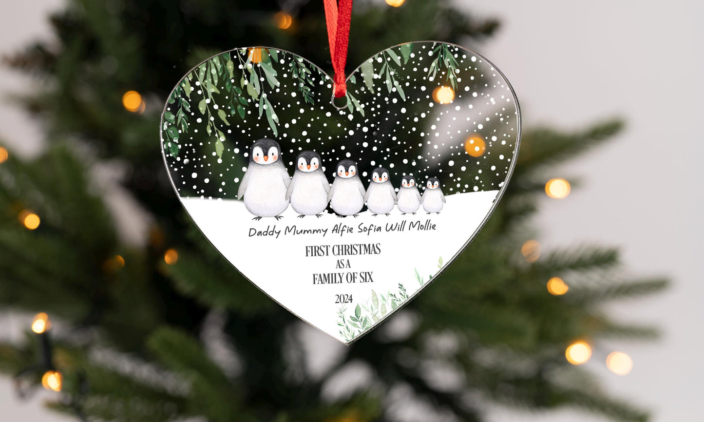 First Christmas as a Family of 2,3,4,5,6, Bauble | cute penguin Family Christmas Ornament Personalised Names Decoration - heart bauble.