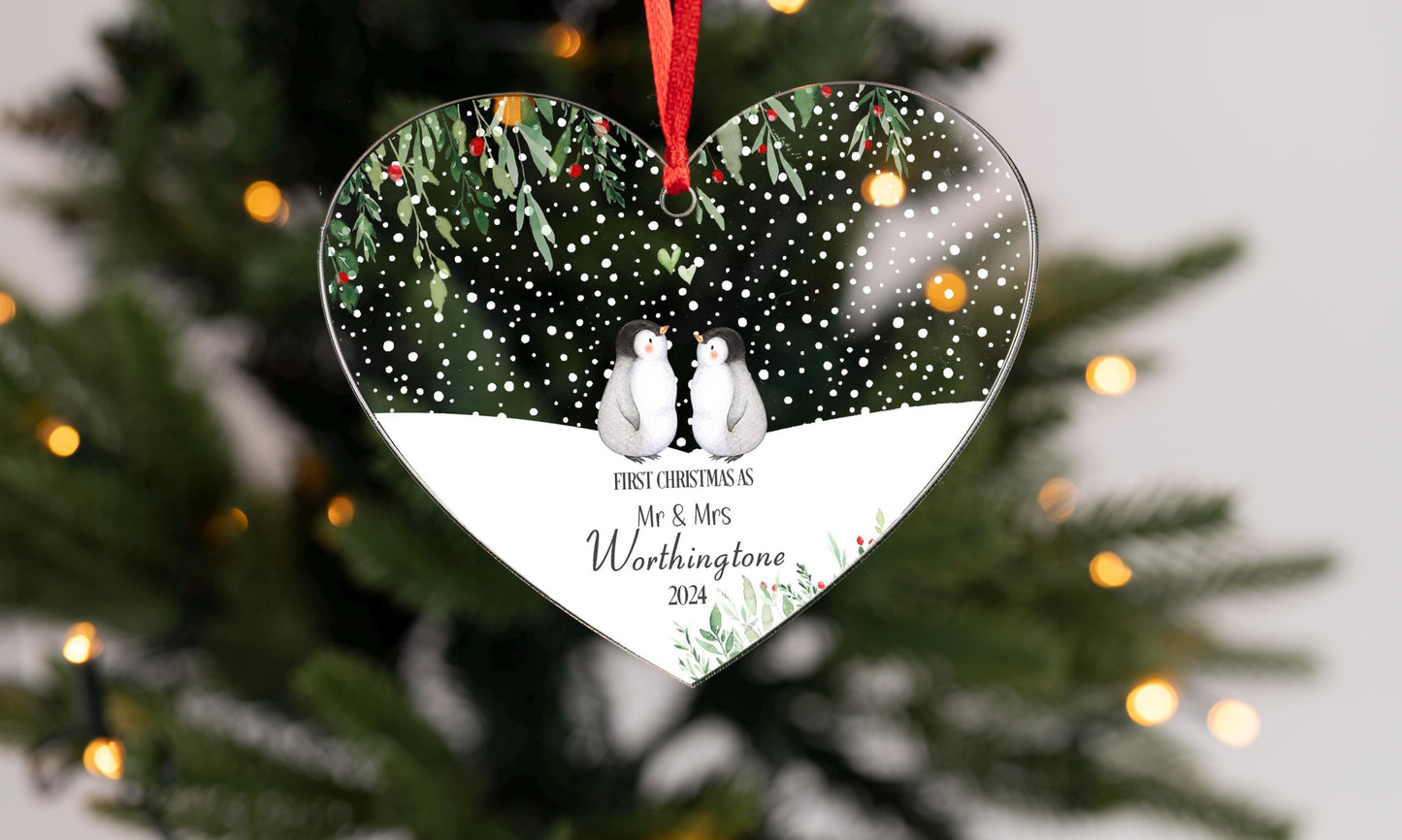 Personalised Bauble Heart Penguin Mr & Mrs First Christmas Married Bauble |Christmas Decoration Gift Ornament