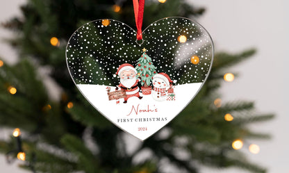 Personalised First Christmas Bauble: Santa & Snowman Acrylic Ornament