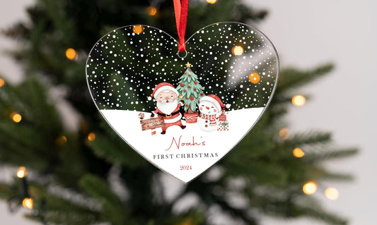 Personalised First Christmas Bauble: Santa & Snowman Acrylic Ornament