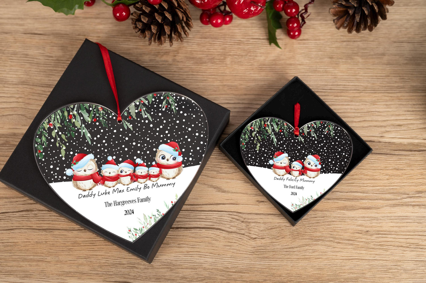 Personalised owl Family hanging heart First Christmas as Family of Four Acrylic Christmas Tree Decoration  FREE GIFT BAG