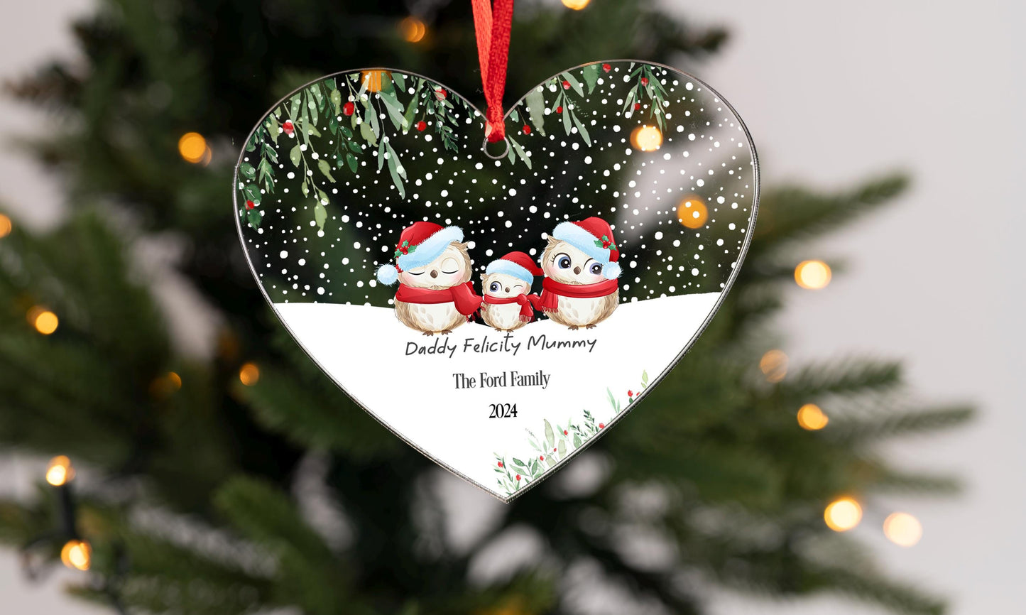 Personalised owl Family hanging heart First Christmas as Family of Four Acrylic Christmas Tree Decoration  FREE GIFT BAG