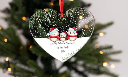 Personalised owl Family hanging heart First Christmas as Family of Four Acrylic Christmas Tree Decoration  FREE GIFT BAG