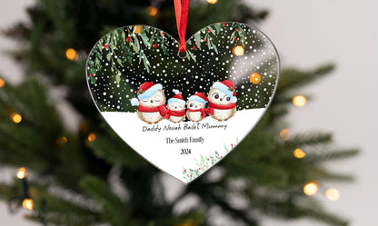 Personalised owl Family hanging heart First Christmas as Family of Four Acrylic Christmas Tree Decoration  FREE GIFT BAG