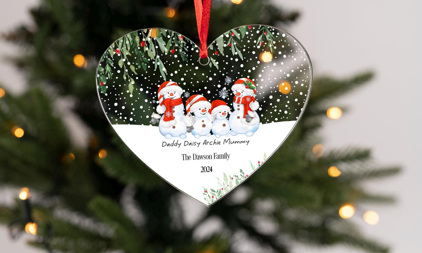Personalised Snowmen Snowman hanging heart First Christmas as Family of Four Acrylic Christmas Tree Decoration  FREE GIFT BAG