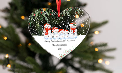 Personalised Snowmen Snowman hanging heart First Christmas as Family of Four Acrylic Christmas Tree Decoration  FREE GIFT BAG